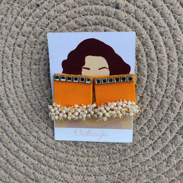 Square Fabric Earrings - Orange